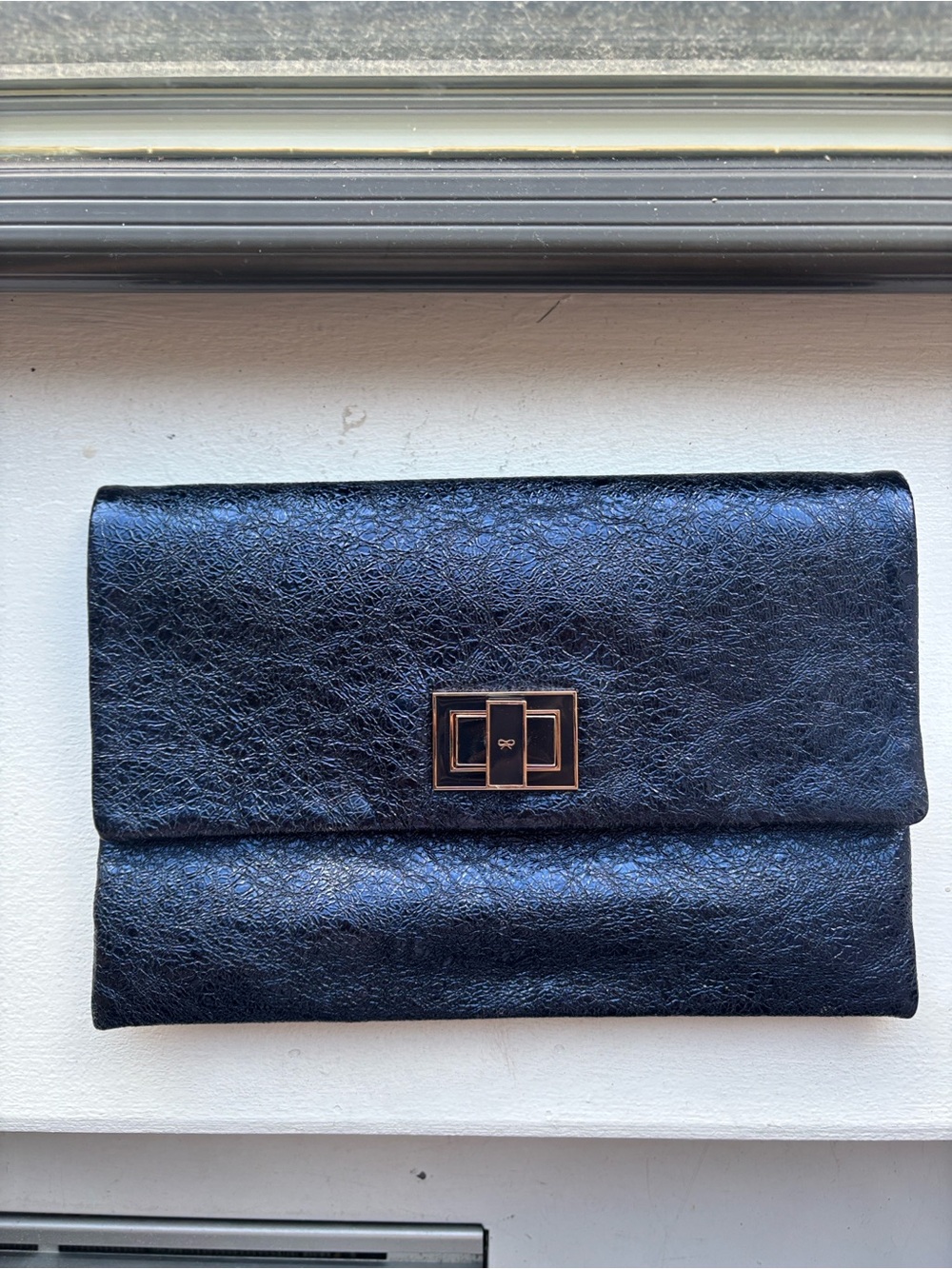 Anya Hindmarch Blue Textured Fold-Over Clutch with Turn-Lock